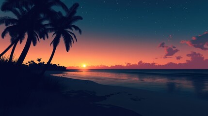 Tranquil sunset scene with palm trees silhouetted on a serene beach.