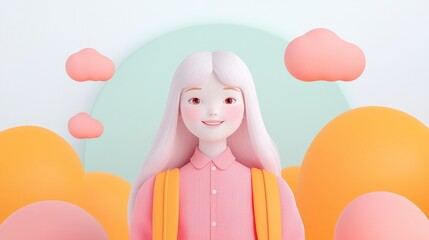 Happy Girl  Back to School  3D Render  Cartoon  Child  Pastel Colors  Cute   Fun   New Sch