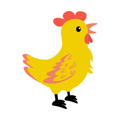 Colorful cartoon chicken standing with a cheerful pose in a simple design