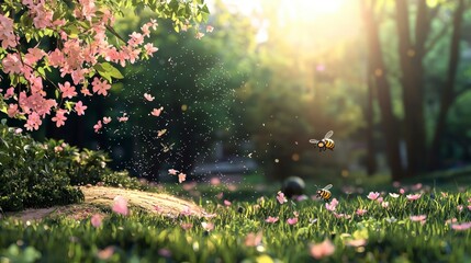 Obraz premium Idyllic Spring Garden Bees Pink Blossoms Sunlight