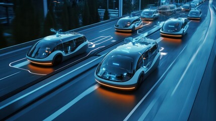 Fototapeta premium Autonomous vehicles travel on a highway, symbolizing the future of transport.