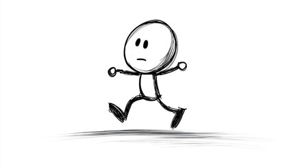 Hand-drawn stick figure running left, dynamic minimalist illustration

