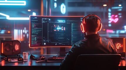 A cyberpunkthemed desk setup with glowing neon accents