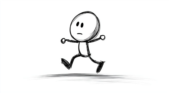 Hand-drawn stick figure running left, dynamic minimalist illustration
