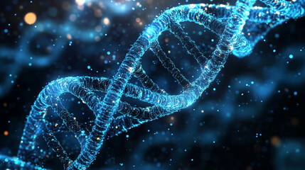 A luminous blue dna double helix strand floating against a dark background with bokeh effect particles