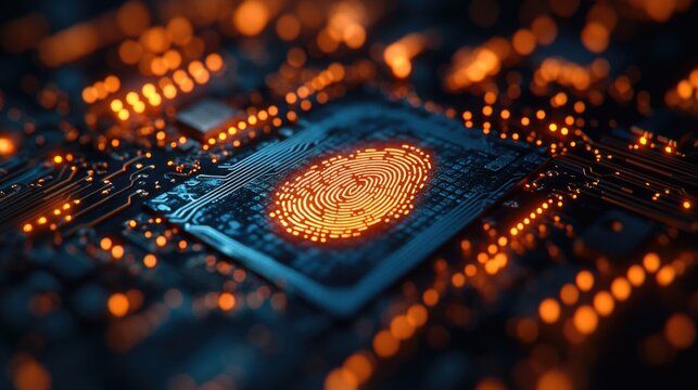 Futuristic fingerprint scanner on digital circuit board Digital identity privacy.