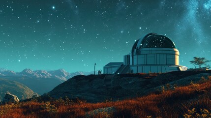 Obraz premium A serene observatory dome atop a hill beneath a star-filled night sky.