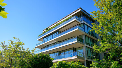 Fototapeta premium A wide angle view of the exterior front wall of an elegant, generative AI