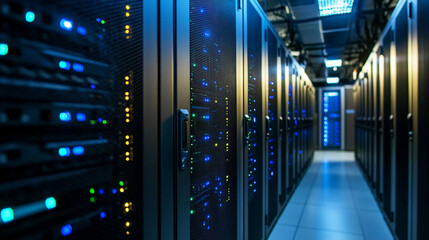 Fototapeta premium A long hallway filled with server racks displaying blinking lights in a data center environment