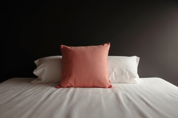 Obraz premium Serene minimalist bedroom with coral pillow soft lighting peaceful atmosphere