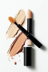 Makeup products on a clean background.