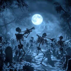 Dancing Skeletons in a Spooky Graveyard Under a Full Moon