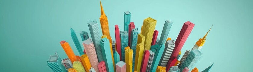 Obraz premium Colorful city skyline, abstract buildings, teal background, urban growth concept