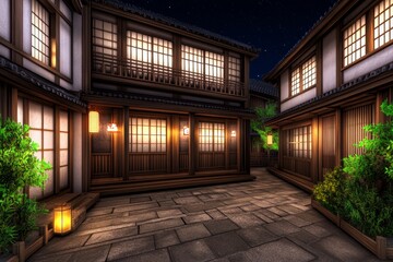 Obraz premium A 3D-rendered traditional Japanese town decorated for Obon, with glowing lanterns hanging from rooftops