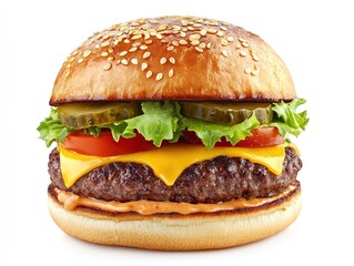 juicy cheeseburger. Brioche pastry, beef patty, iceberg salad, tomato, pickles, house burger sauce. Front view. Isolated on a white background with no shadows.