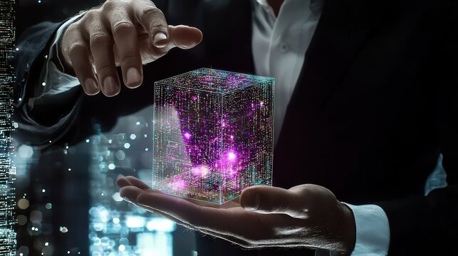 Creating a holographic cube in a digital environment technology showcase futuristic perspective