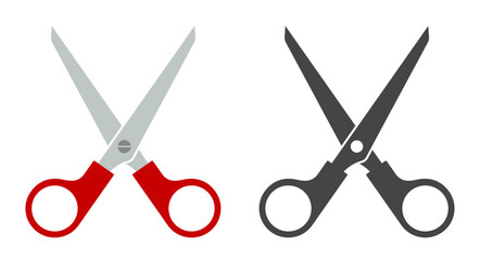Simple straight scissors with a red handle and a black and white silhouette. Two pairs of scissors. Flat vector illustration isolated on white background.