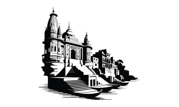 Varanasi City Skyline Silhouette, Vector, Icon, Logo, White Background.