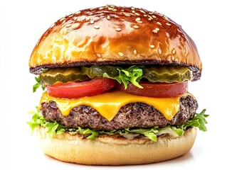 juicy cheeseburger. Brioche pastry, beef patty, iceberg salad, tomato, pickles, house burger sauce. Front view. Isolated on a white background with no shadows.