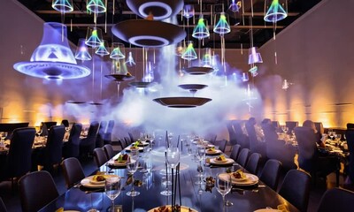 A futuristic restaurant showcases floating holographic food displays, revolutionizing dining with digital menus and sci-fi aesthetics. Perfect for tech, AI, and next-gen culinary concepts