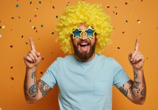 happy bearded man in yellow wig and star-shaped party glasses against a vibrant orange background, exuding playful energy for festive or quirky event themes