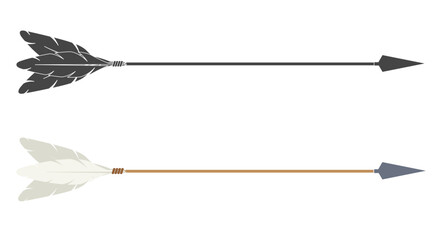 Hunting arrow. Long arrow with fletching and tip. Colored and silhouette. Flat vector illustration isolated on white background.