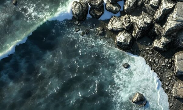 Aerial View of Sparkling Ocean Waves Rolling Against Rocky Shoreline with Shimmering Reflections