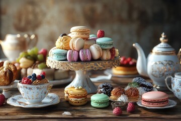 Fototapeta premium A Feast for the Eyes: A table laden with an array of colorful macarons, pastries, and tea sets, set in a warm and inviting atmosphere, offering a delectable display for the senses. 