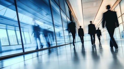 Business professionals walking in modern office corridor urban setting dynamic atmosphere low angle view