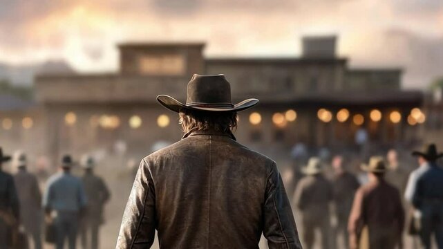 Cowboy in Old Town: A solitary cowboy, viewed from behind, walks through a dusty old town, evoking a sense of solitude and the spirit of the American West.