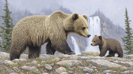 Obraz premium Grizzly bears and cub exploring nature waterfall background wildlife photography forest environment close-up view family bonding