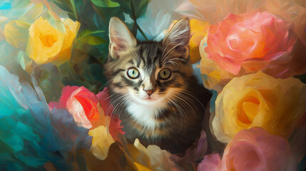 photo of a cat surrounding by peace rose