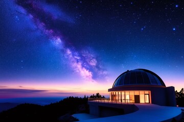 Obraz premium Astronomical observatory exploring the milky way at sunset