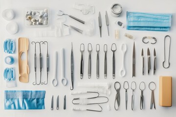 Sterile Medical and Dental Instruments Flatlay on White Background