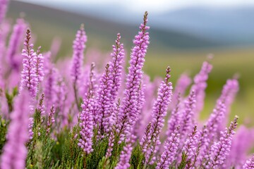 Fototapeta premium Heather flowers growing in a field creating a beautiful natural landscape