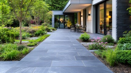 Fototapeta premium Modern house with beautiful garden and paved patio featuring slate tiles
