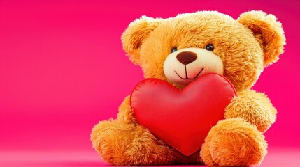 Adorable Teddy Bear Holding a Red Heart Against Pink Background