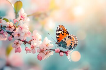 Obraz premium Butterfly on Spring Blossoms in Sunny Garden