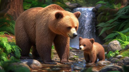 Obraz premium Mother bear and cub playing in a forest stream nature photography tranquil woodland setting close-up view