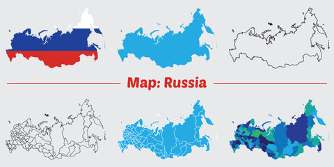 Russia map vector set. Blank Map of Russia Include Russia Flag With Map Shape, Silhouette and Outline Vector.