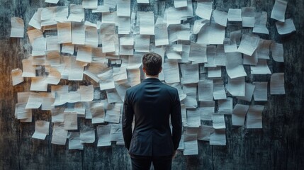 A businessman stares at a wall filled with sticky notes, contemplating the mountain of tasks ahead.