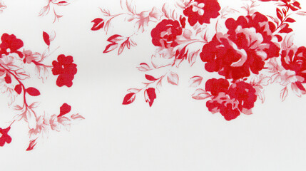 Whimsical floral pattern featuring red roses on white background, creating charming and vibrant design