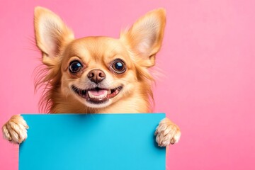 Promo scene with pet. &ETH;&iexcl;ute dog chihuahua hold in front paws a design draft - large blue road sign. Isolated hound on a solid attire pink background. Dog with label tag. Creature face on board.