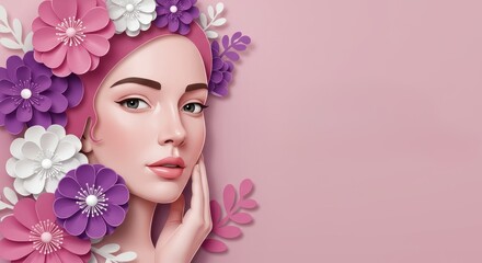 Beautiful woman with flowers in her hair on a pink background. Concept for beauty, skincare, and Mothers Day.