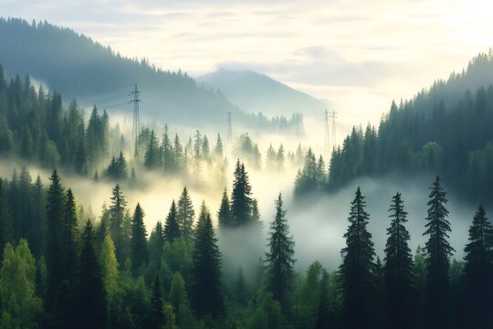 Fototapeta Golden sunrise illuminating foggy pine forest with power lines
