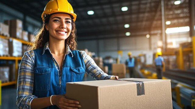 Warehouse Worker: A skilled woman, adorned in a safety helmet and work clothes, efficiently navigates the bustling warehouse, expertly handling a package amid rows of storage shelves.