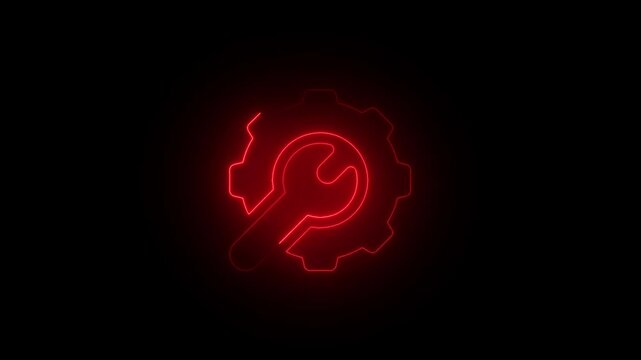 Glowing neon settings Wrench and Gear cogwheel icon in trendy flat design.neon. 4k video animation black background.