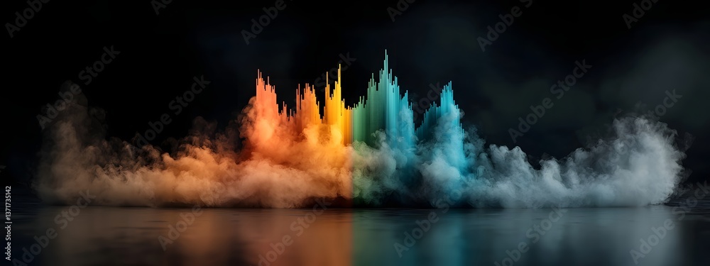 Poster a captivating 3d rendered spectrogram depicting the complex frequency spectrum of a human voice show