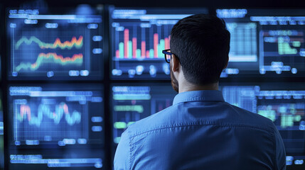 Financial analyst observing data trends on multiple screens, analyzing market performance and making strategic decisions