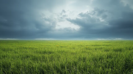 Obraz premium serene landscape featuring lush green grass under dramatic sky filled with clouds, evoking sense of tranquility and wonder